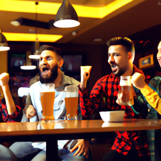 Bạn bè cùng nhau ăn mừng và uống bia khi xem bóng đá tại quán nhậu.