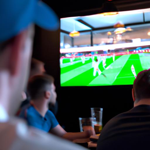 Màn hình TV lớn hiển thị trận đấu bóng đá và các fan đang ngồi xem tại quán nhậu.