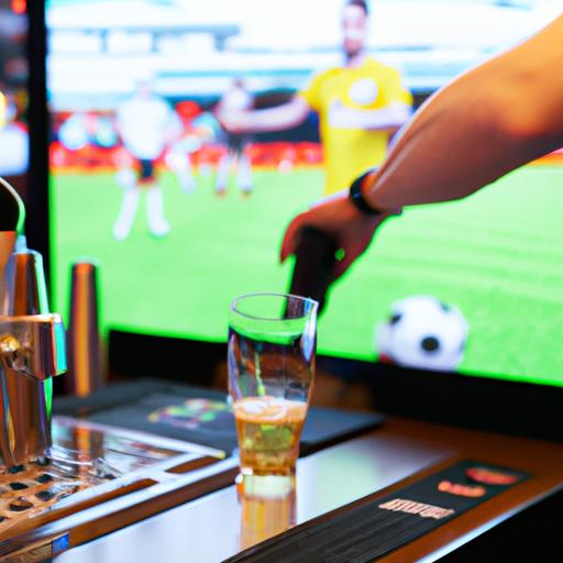 Quầy bar với người phục vụ đang rót bia trong khi khách hàng xem bóng đá trên màn hình TV phía sau.